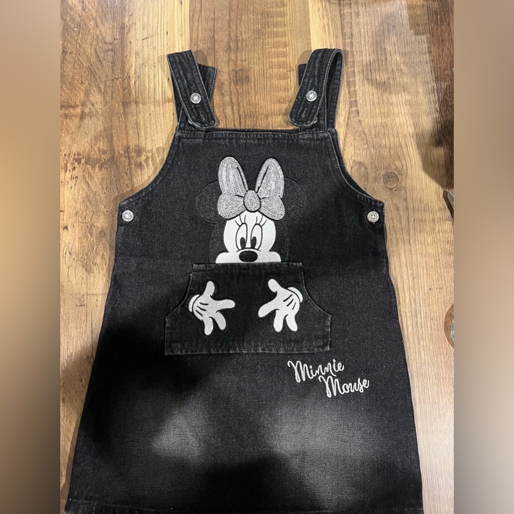 Minnie Mouse' Embroidered Black Denim Dungaree Dress size 24-36 months